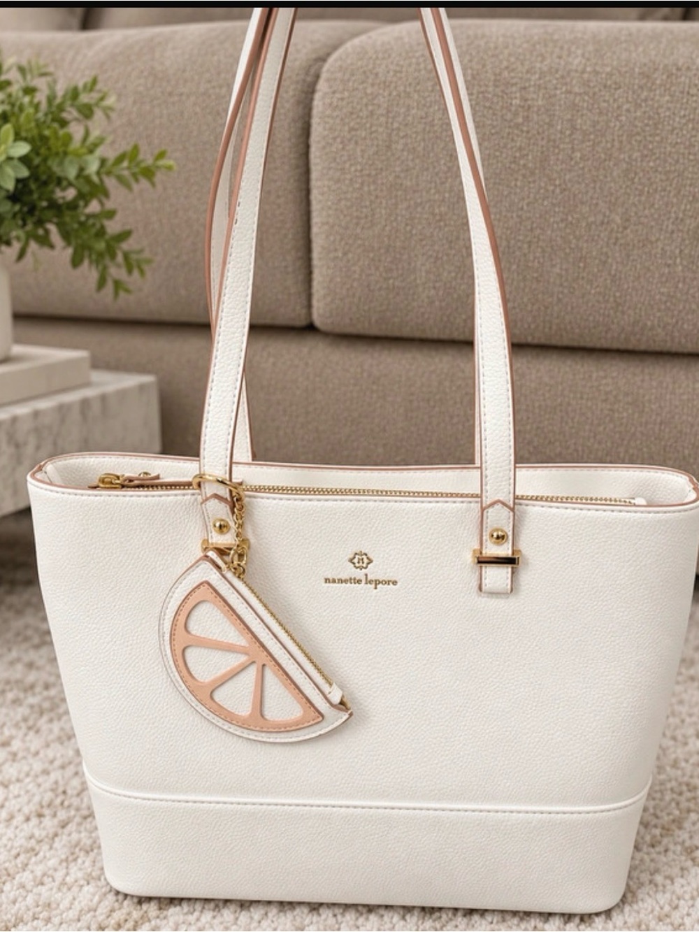 Nanette Lepore Cream Tote with Pink Trim and Citrus Charm